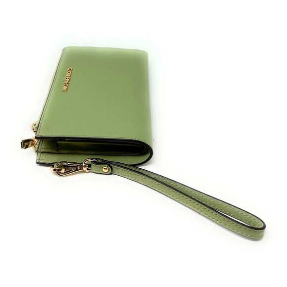 S Michael Kors Jet Set Travel Double-Zip Wristlet Army Green Leather Sage NWT F - Picture 3 of 7